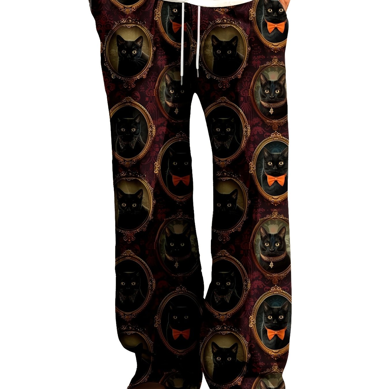 Loose-fitting men's pajama pants with 3D cat print, wide legs, pockets, and breathable polyester.