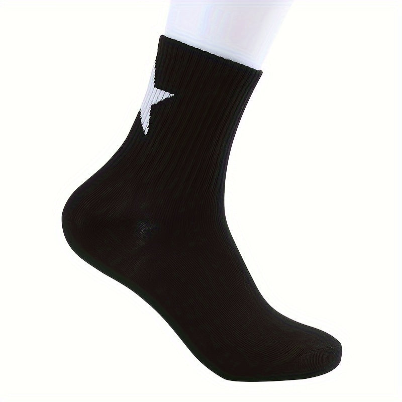 2/3 Pairs of Star Pattern Crew Socks for Men and Women - Breathable Polyester-Spandex Blend, Mid-Calf Basketball Socks with Geometric Design, Black & White, Cute Summer Socks