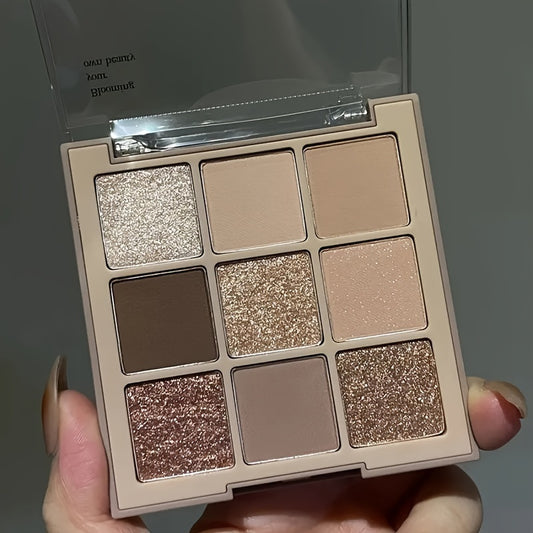 9-shade eyeshadow palette with matte and shimmer finishes, featuring brown nude multicolor tones for stunning eye makeup.