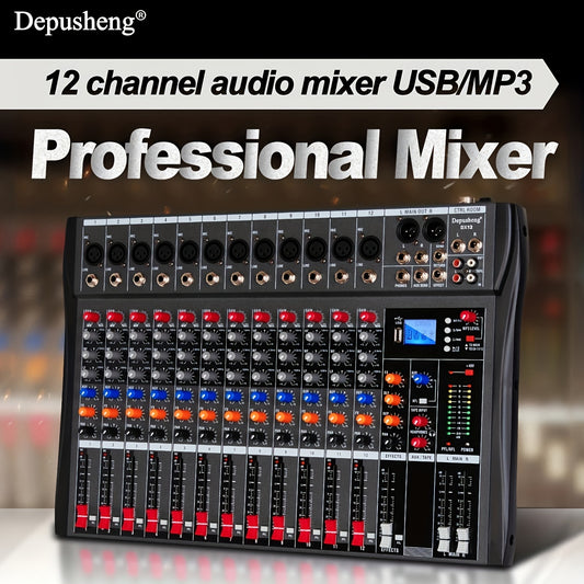 Depusheng 8/12 Channel Audio Mixer with USB, XLR Microphone Jack, 48V Power, RCA Input/Output, suitable for professionals and beginners (EU PLUG).