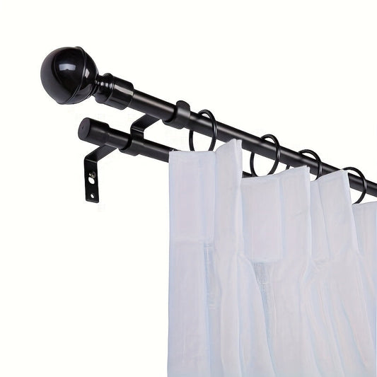 Adjustable Black Dual Curtain Rod Set with Circular and Cap Tips, 3/5 Inch Metal Curtain Rods for Windows 16" to 94", Includes Hardware and Installation Kit