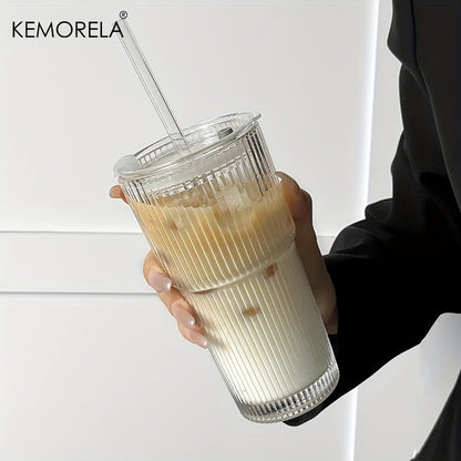 KEMORELA Large Capacity Vertical Striped Glass Cups, with or without lid, for cold drinks, juice, coffee, and water.