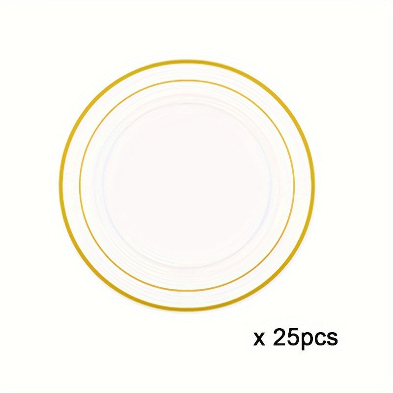 25-50 pieces of golden plastic party plates, measuring 19.05-26.04 cm each. These disposable plates are made of premium heavy-duty plastic, perfect for serving dinner and appetizers at parties and weddings.