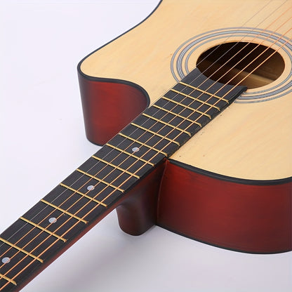 Beginner kit for a 96.52 cm acoustic guitar, featuring a basswood panel with matte finish, 18 frets, and includes bag, picks, strings, and strap.