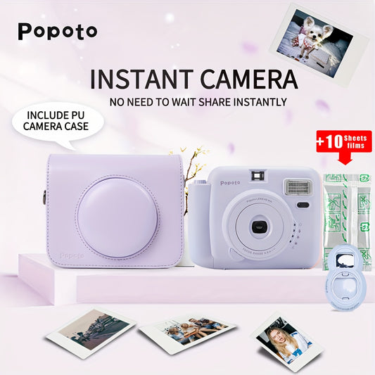 Popoto Purple Instant Camera Combo includes Mini11/12, 10 Film Sheets, PU Case, Strap, Selfie Lens, ND Filter - ideal for gifts, parties, weddings. AA batteries not included.