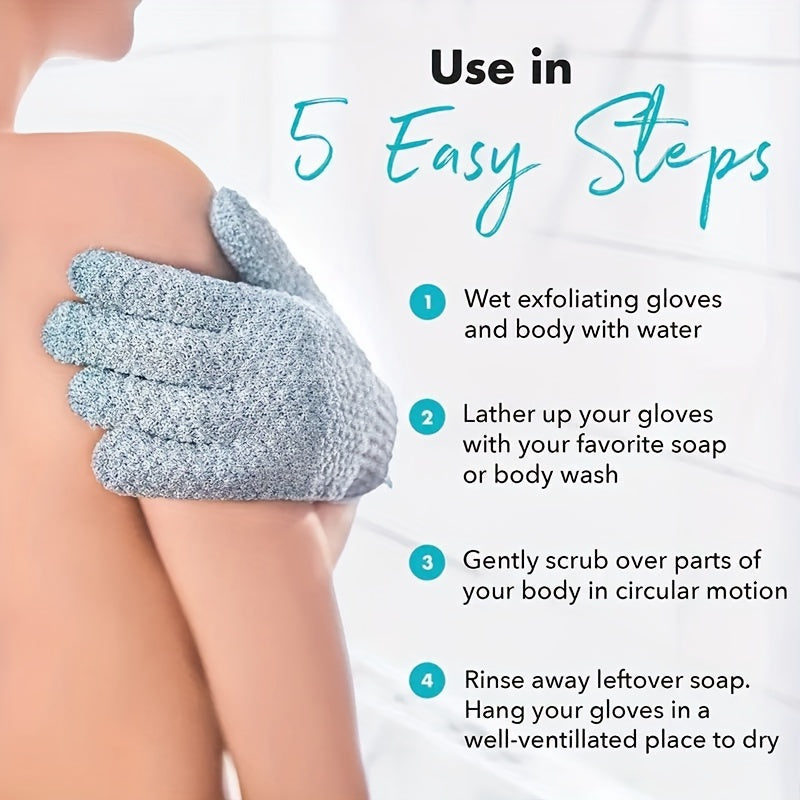 Shower gloves for exfoliation, cleansing, and massage - removes dead skin and dryness.