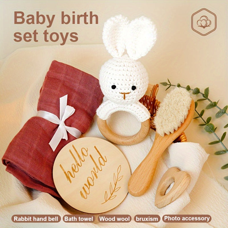 Handcrafted Baby Baptism Gift Set - includes an Organic Cotton Bamboo Bath Towel, Wooden Rabbit Rattle, Natural Wool Brush, "Hello World" Newborn Photo Prop. Perfect for Baby Shower and children aged 0-3 years old.