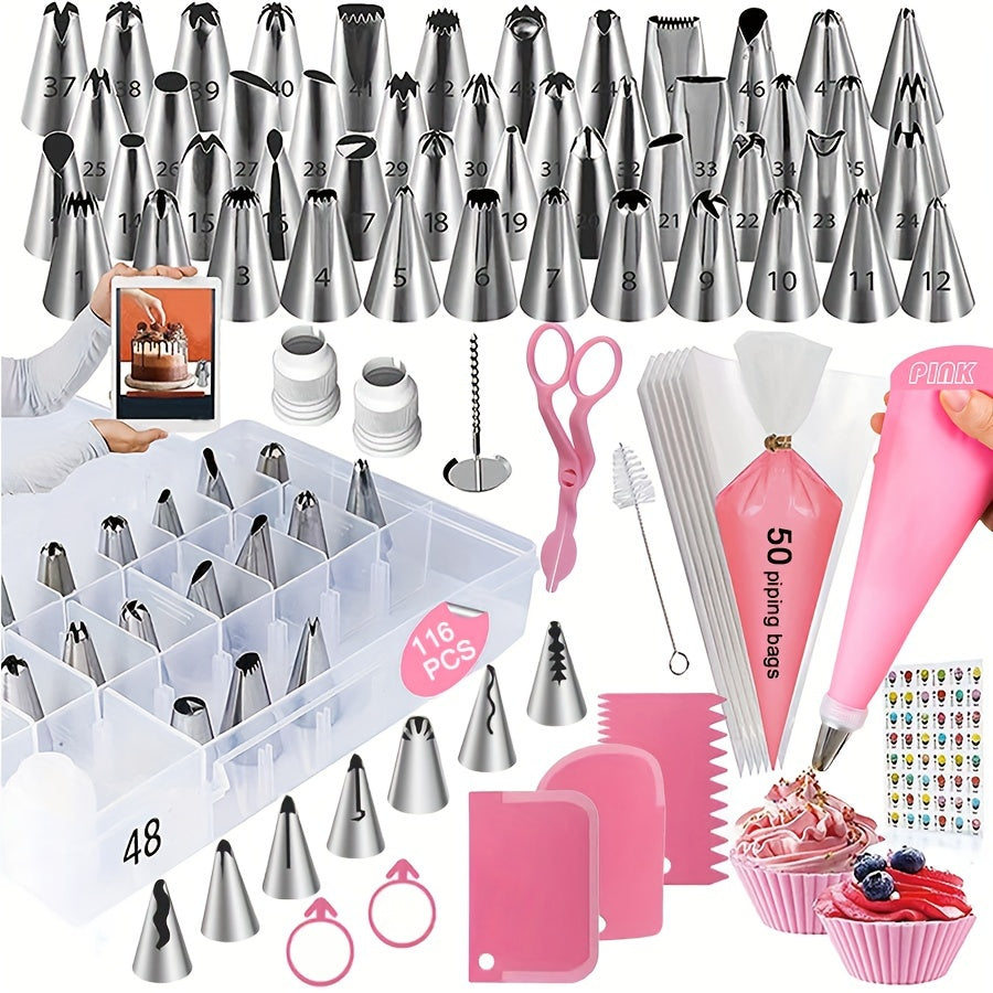 This Cake Decoration Baking Tool Set features 116 pieces, with a variety of piping tips, piping bags, cake scrapers, and more, all conveniently stored in a handy storage box. Ideal for creating beautifully decorated cream cakes, biscuits, cookies, bread