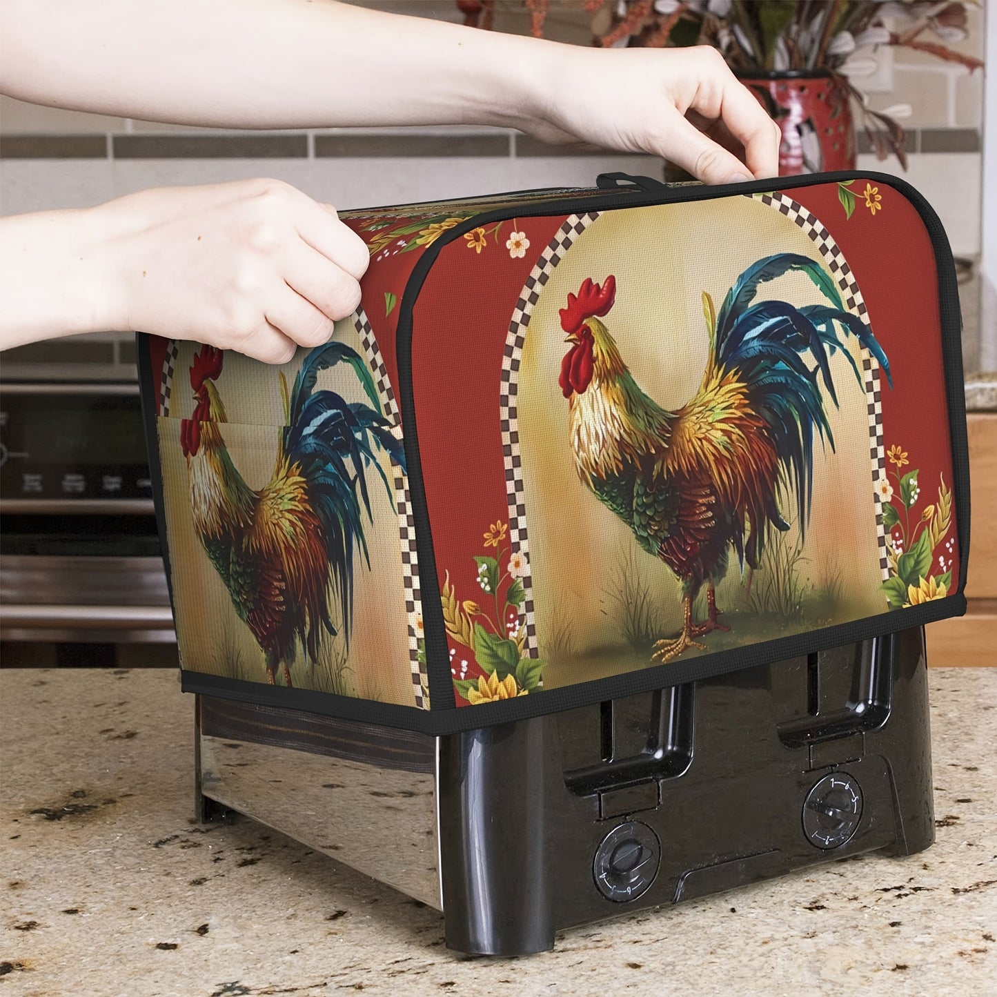 Protect your small kitchen appliance with this Sunflower Rooster Bread Maker Cover featuring a charming chick print design. This dust cover is suitable for 2-slice models of bread makers and microwaves.