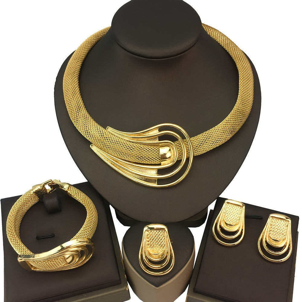 Extravagant Party Accessories Set with Earrings, Necklace, Bracelet, and Ring in 18k Gold Plated Belt-like Design