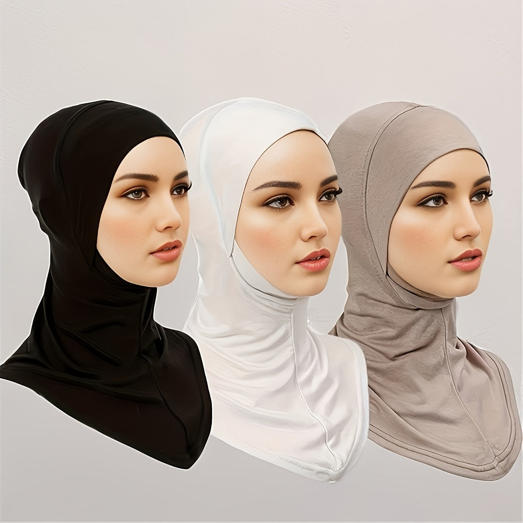 3 Elastic Modal Instant Hijab Caps for Women - Soft, Stretchy, Solid Color Head Wraps with Snap Closure - Ideal for Ramadan & Casual Attire - Breathable Polyester, No Feathers