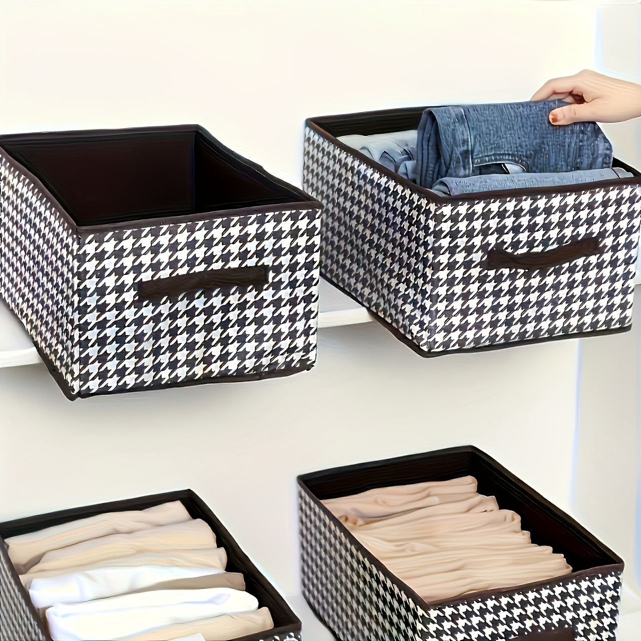 6 large folding storage bins in houndstooth fabric for clothes, toys, and trunk organization.