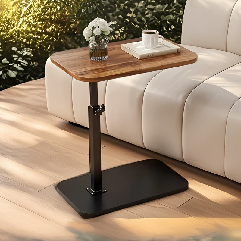 Multi-functional side table with adjustable height, wooden top and iron frame, ideal for various living spaces.