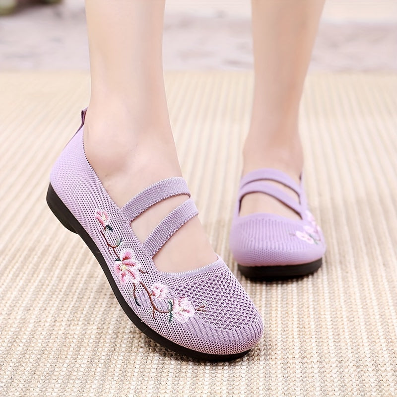 2024 Women's Summer Casual Knit Flats in Purple & Red with Soft Sole & Embroidered Floral Design, Lightweight & Comfortable Textile Footwear