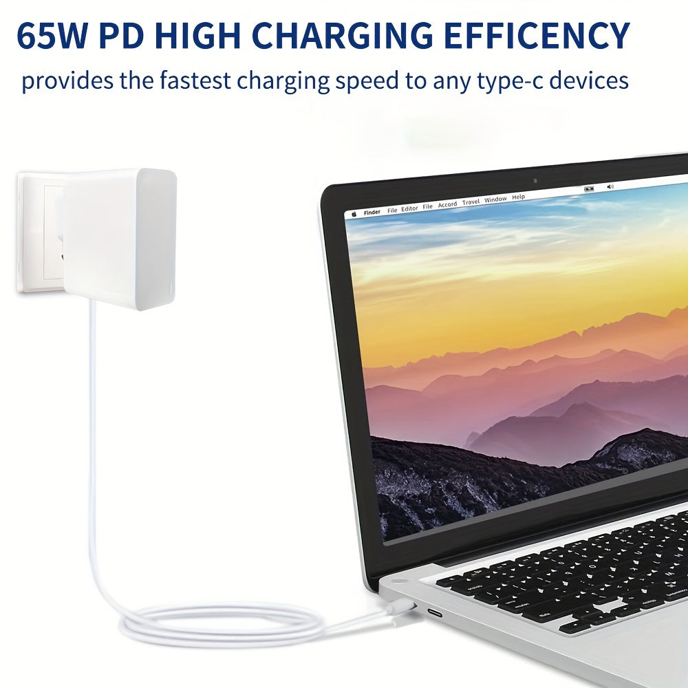 65W USB C GaN PD Wall Fast Charger with 150cm USB-C cable, compatible with Mac Book Pro, Lenovo, Acer Chromebook, iPhones, iPads, Galaxy, tablets, and more.