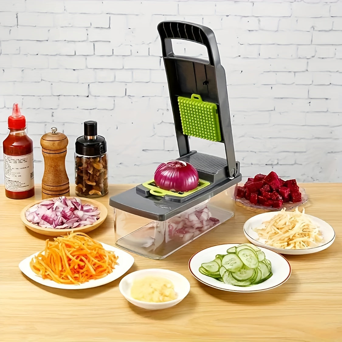 Get ready to cut, chop, and slice your way to faster meal prep with the 14-in-1 Multifunctional Vegetable Chopper & Fruit Slicer Set! This manual food processor comes with a convenient container and stainless steel blades to make preparing meals a