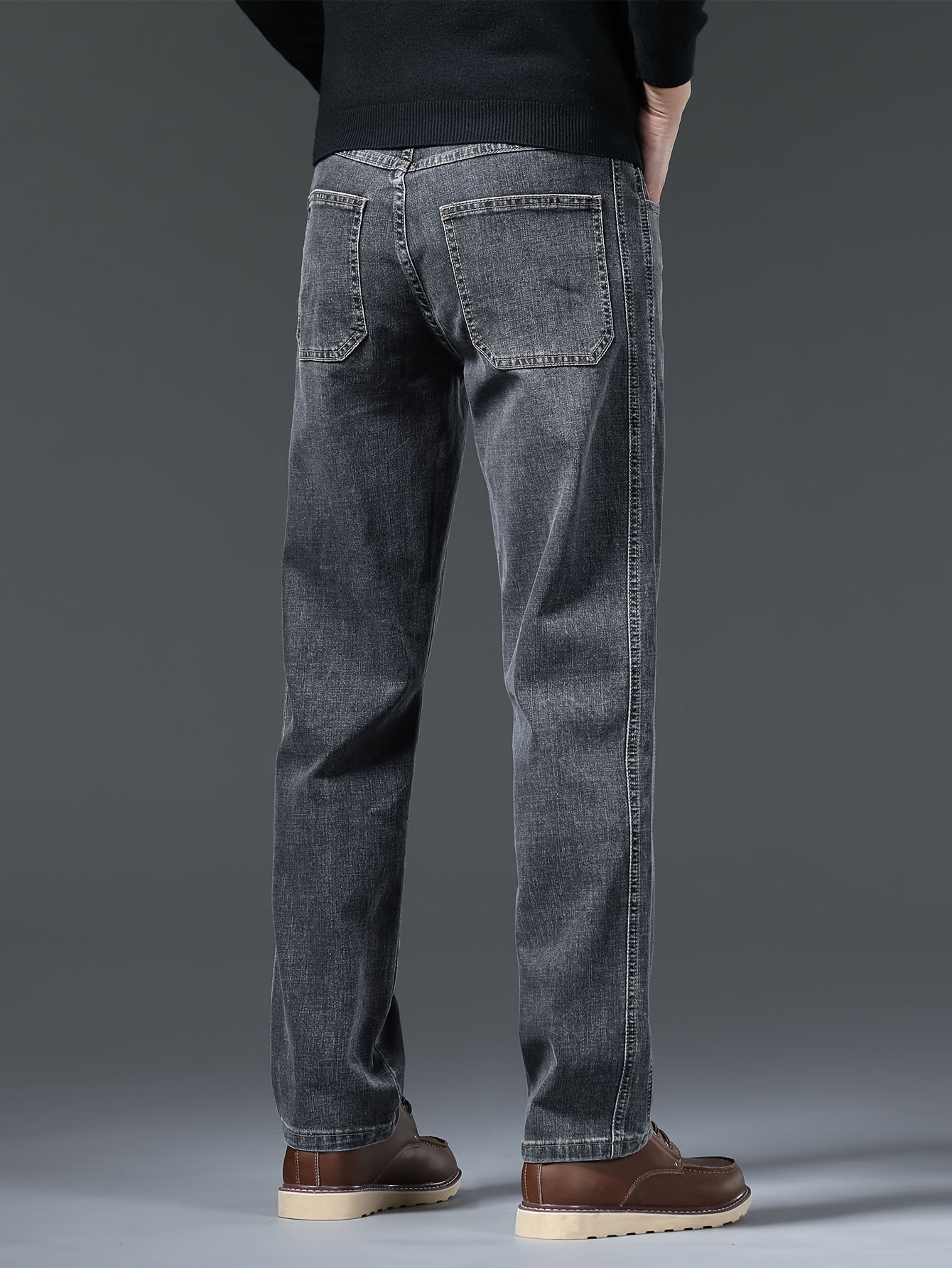 Men's solid denim pants with pockets, casual breathable cotton blend straight leg jeans for outdoor activities.