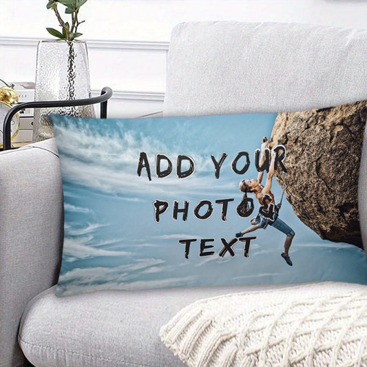 Personalized Photo Pillowcase measuring 30.48x50.8 cm, with Double-Sided Printing, made from Short Plush material featuring a Rock Climbing Enthusiast Design. This pillowcase is made from Polyester in Mixed Colors, making it an ideal gift for Valentine's