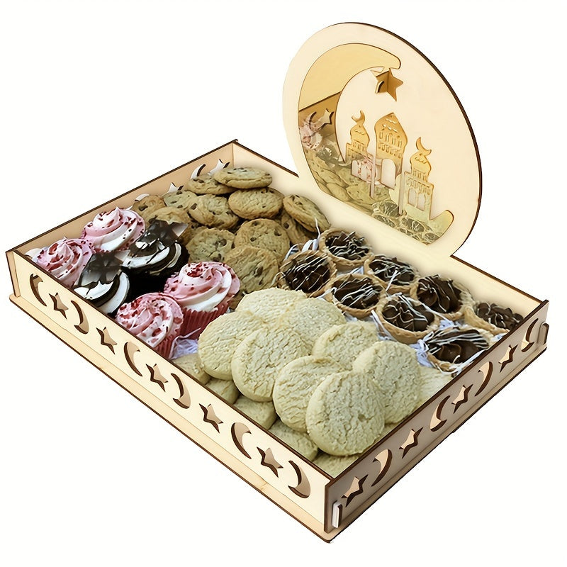 Eid Mubarak wooden dessert tray with moon and star design, ideal for Ramadan decor and Islamic celebrations, no batteries needed.