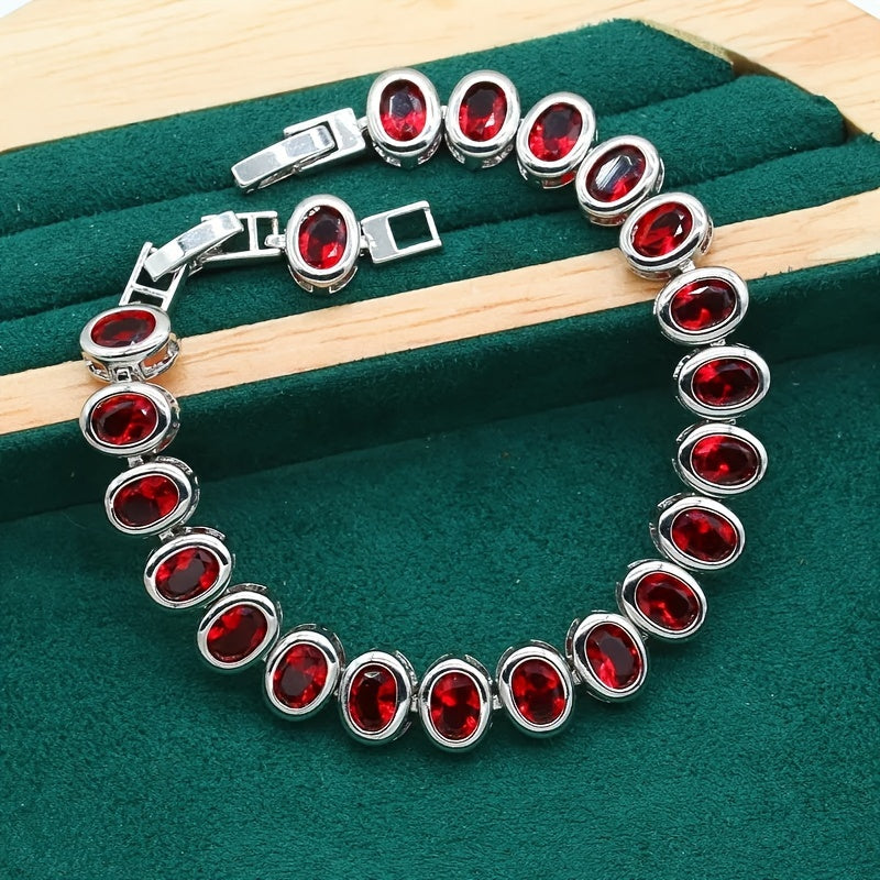 5-piece Jewelry Set for Women: Wedding Earrings, Necklace, Bracelet, and Ring featuring Red Garnet and White Gold Plating, designed for a luxurious look