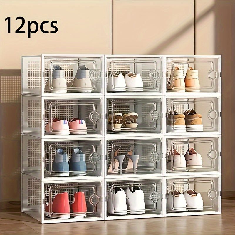 12/6 pieces of black transparent XL plastic shoe storage boxes with lids. These square shoe organizer cabinets are waterproof, multi-purpose, and have a flip-top lid design. Perfect for home and kitchen storage drawers.