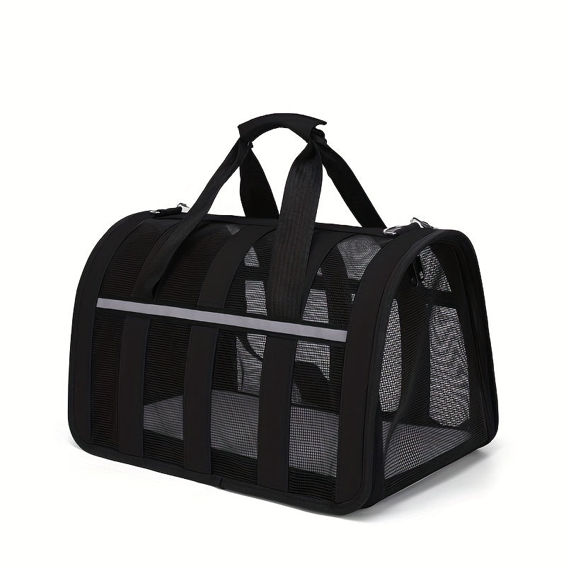 Portable pet carrier bag with locking safety zippers, airline approved.