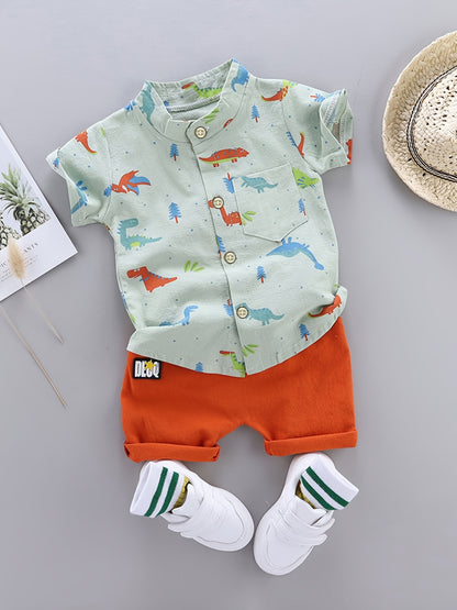 Set of 2 toddler boys' outfits featuring dinosaur print button shirt and elastic waist shorts for daily and outdoor wear.