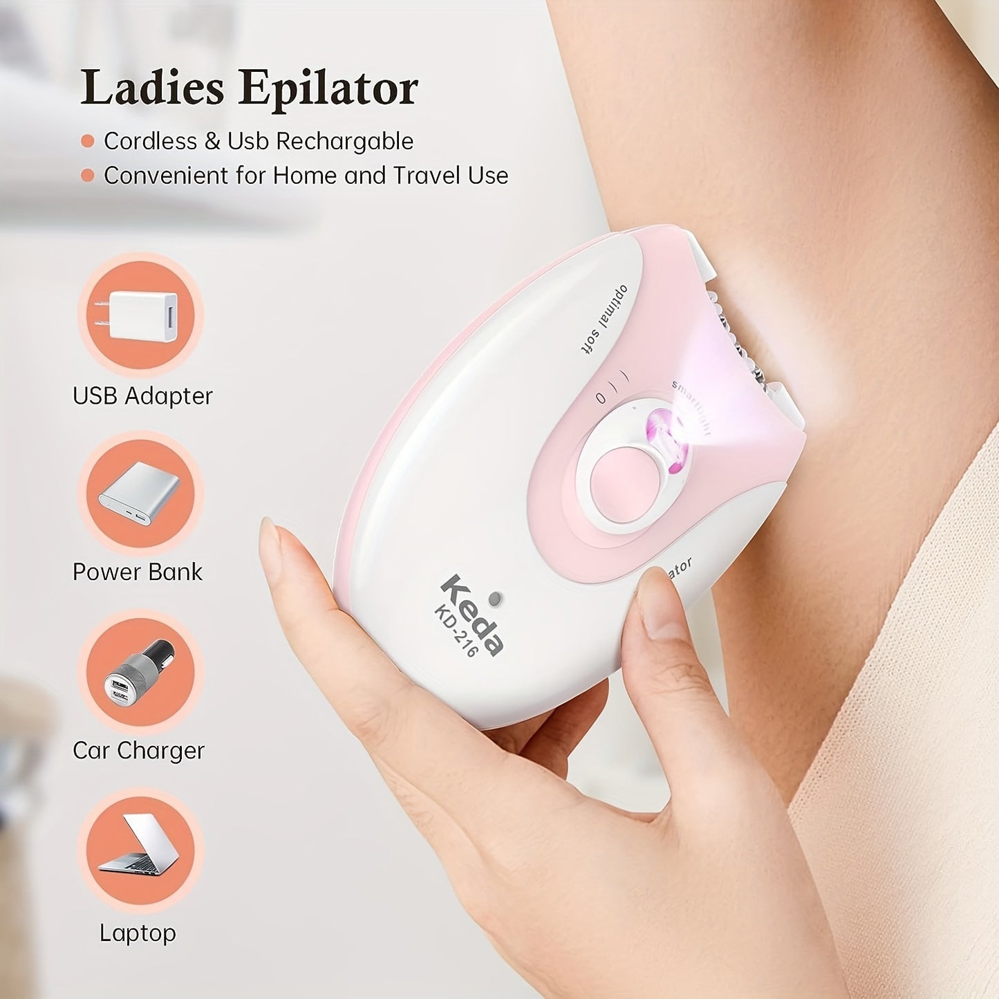 HATTEKER Electric Epilator for Women with Smartlight, Stainless Steel Blade, USB Charging, Rechargeable Nickel Battery - Effective Hair Removal with minimal discomfort.