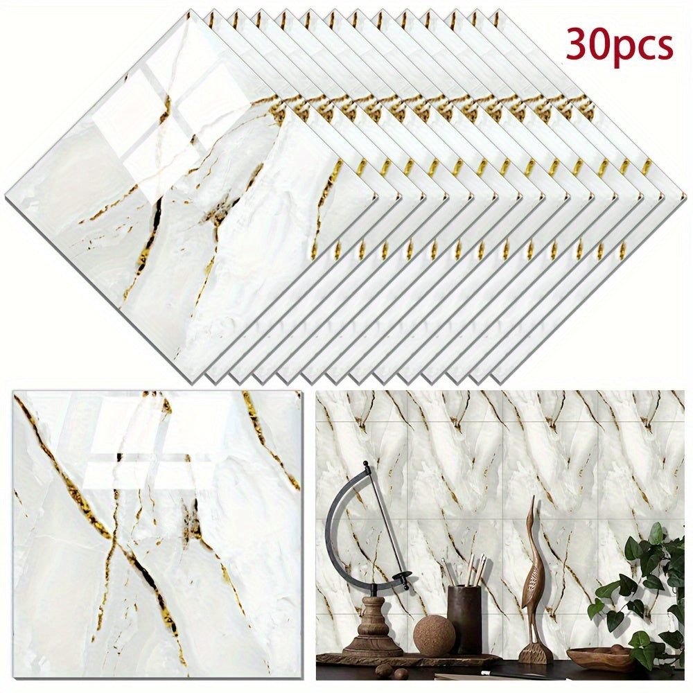 30 self-adhesive marble effect wall tile stickers for kitchen and bathroom decor, waterproof PVC, cuttable and peelable, in gray and golden design.