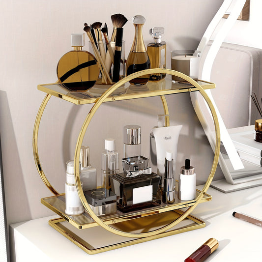 Golden cosmetics storage rack with 2 tiers made of rust-proof cast iron. Large capacity for skincare, lipstick, perfume, and more. Circular design for bathroom and makeup area.