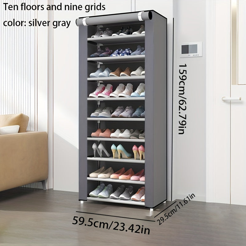 Metal shoe rack with dustproof cover, vertical storage, easy assembly, for entryway/bedroom/living room, lightweight under 13.61 KG, spacious capacity, weather-resistant, 68.58cm tall.