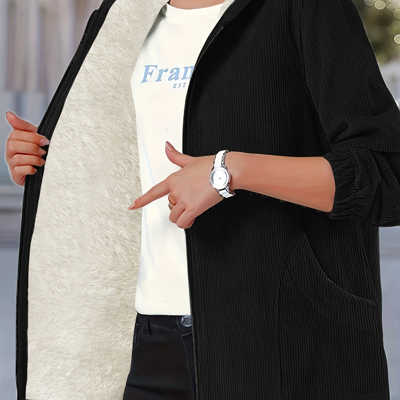 Solid hooded jacket for plus size women, perfect for fall & winter.