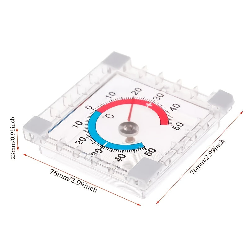 Plastic dial indoor thermometer with reusable adhesive for walls and windows accurately measures indoor and outdoor temperatures in homes, greenhouses, and gardens.