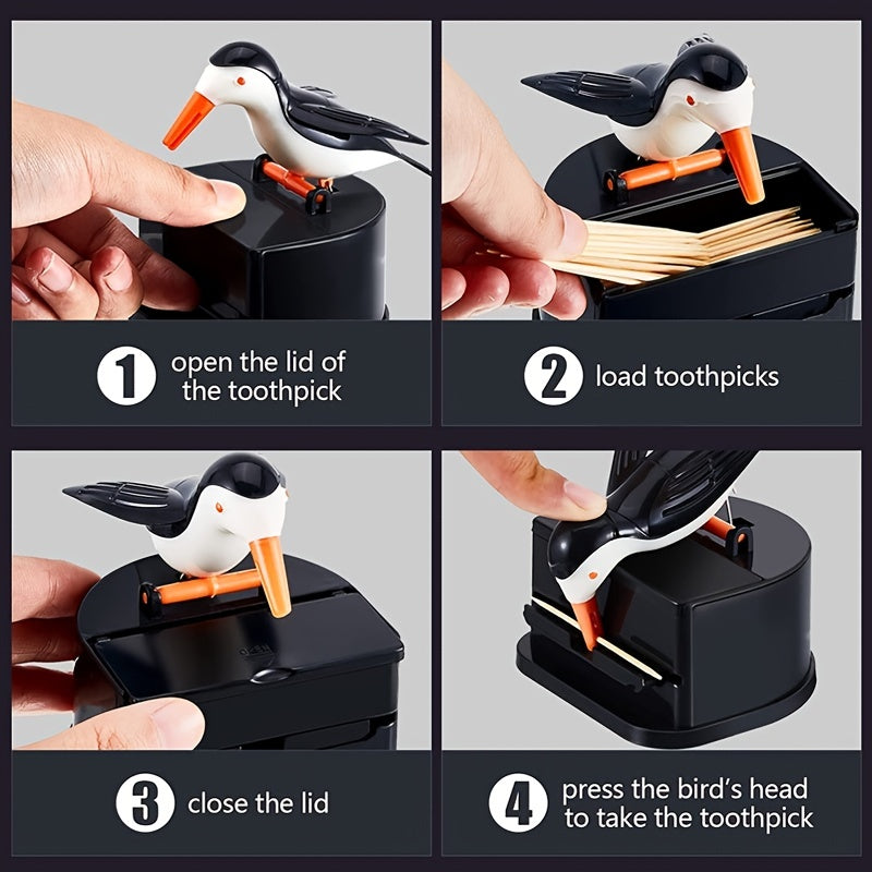 Adorable Bird Toothpick Holder with Creative Press Design, Toothpick Dispenser (Black)