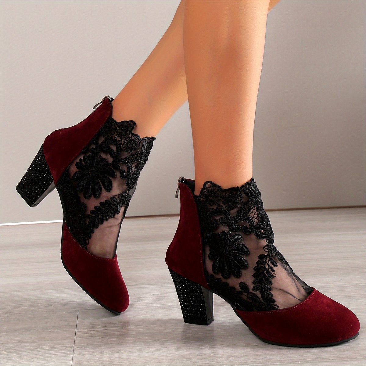 Mesh block heel boots with floral embroidered back zipper, versatile ankle boots for women.