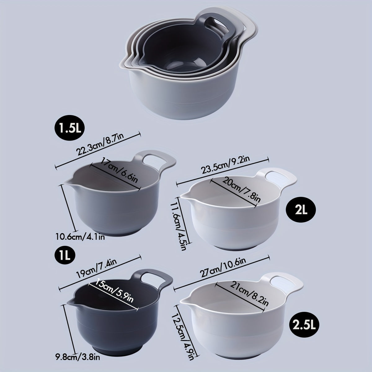 Set of 4 Plastic Mixing Bowls including Non-Slip Salad Bowl, Baking Prep Bowls, Multi-purpose Rinse Bowls. Kitchen Essentials in Various Sizes (1.1L/1.5L/2L/2.5L) that are Easy To Clean.