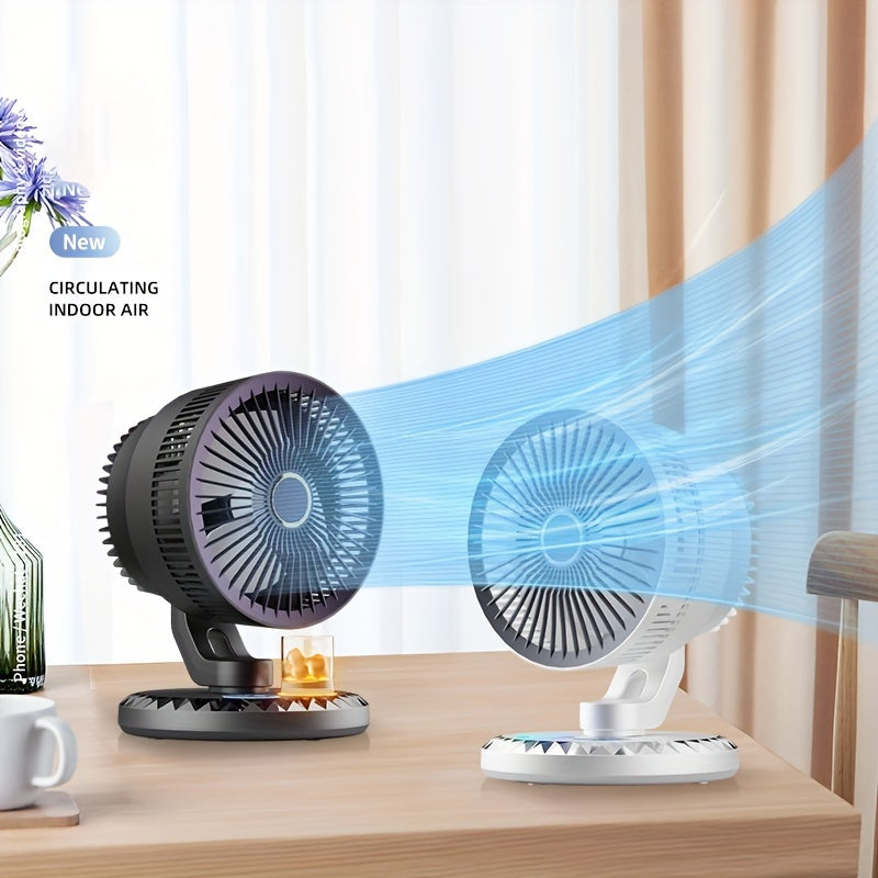 Portable USB desktop fan that is energy-efficient and stylish. Easy to carry and ultra-quiet with a timer. Adjustable angle for optimal airflow. Perfect for home, office, library, bedroom, or outdoor travel. Made of durable plastic material.