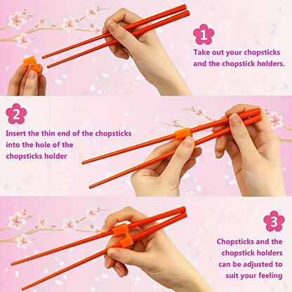 Pack of 4 beginner chopstick holders, lightweight and non-slip. Suitable for adults and learners, made of reusable plastic material. Dishwasher safe and no electricity required.