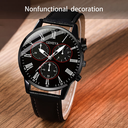 Men's watch set with 1 quartz watch and 4 bracelets, all featuring a black faux leather design.