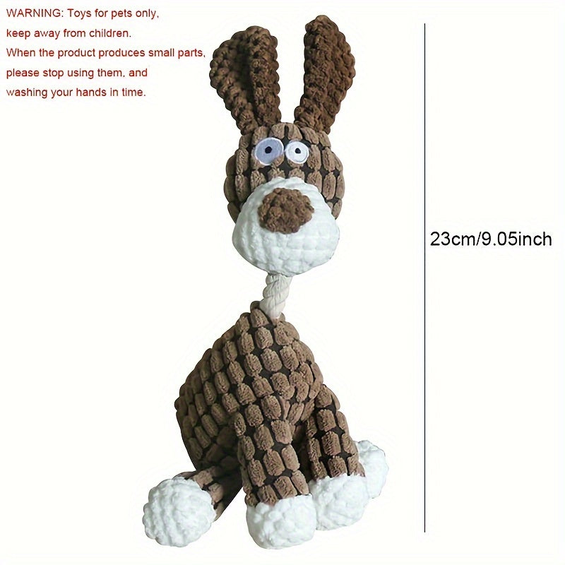 ""
Corduroy donkey-shaped chew toy with squeaker for dogs
""