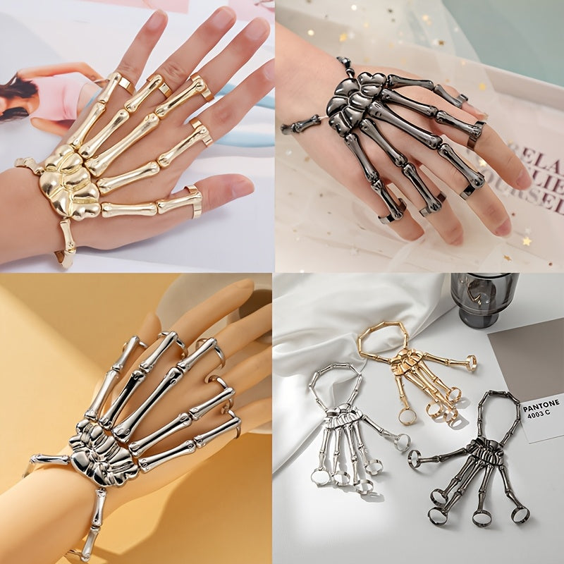 One piece of fashionable punk skull hand bone versatile five-finger adjustable stretch ring bracelet with a chain, embodying gothic and punk styles.