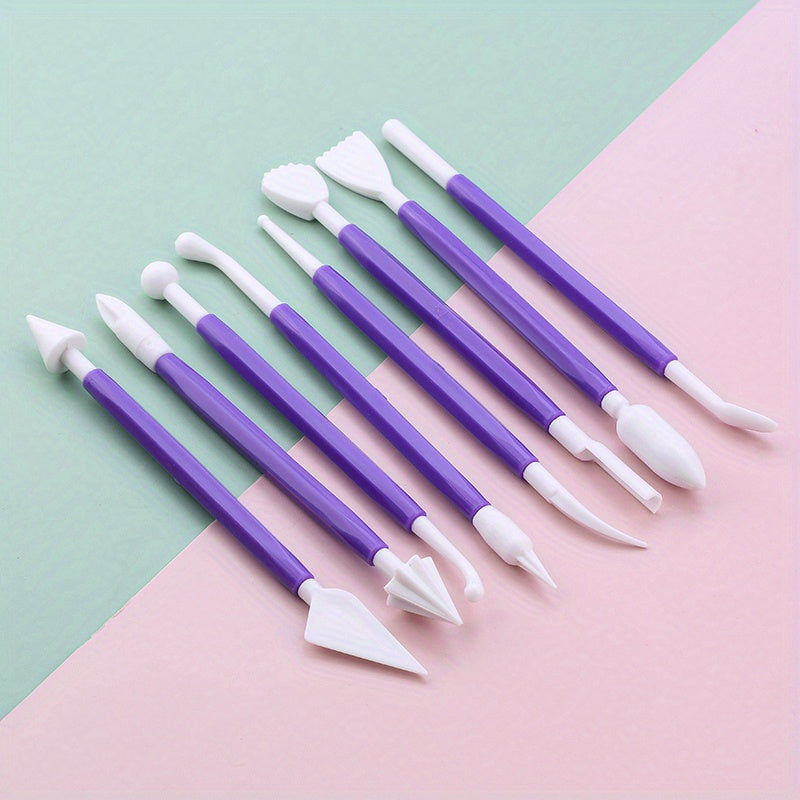 Set of 8 fondant cake decorating tools with 16 patterns for carving flowers, crafting clay, modeling, and baking accessories.