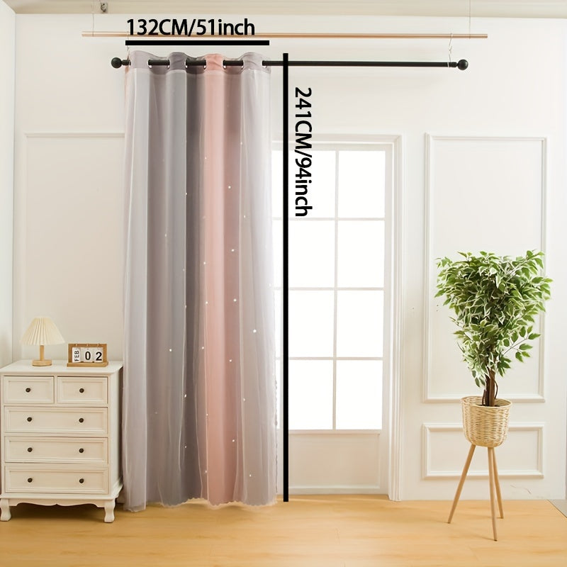 Elegant Living Room, Bedroom, and Office Decor Sheer Curtain in Gray Pink Gradient Star Fabric, Two-Layer, 1 Piece