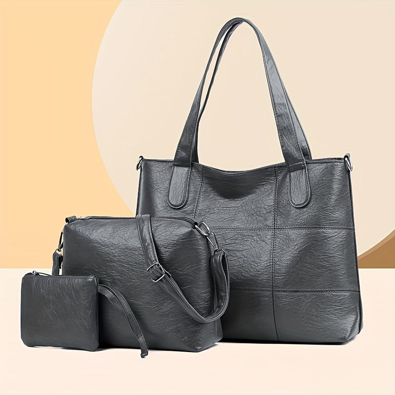 3pc women's handbag set with solid color shoulder and crossbody bags. Features fixed straps, zipper closure, nylon lining, and edge paint detail. Versatile for shopping, travel, and work.