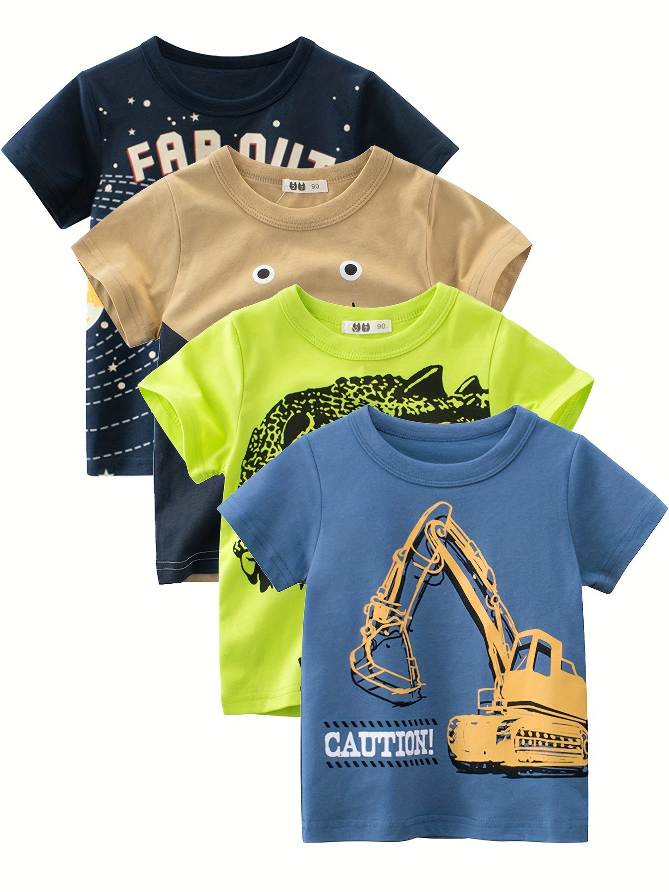 Four summer cotton t-shirts for boys in navy, beige, and blue featuring cartoon excavator and far out prints. Soft and breathable youngsters' clothing.