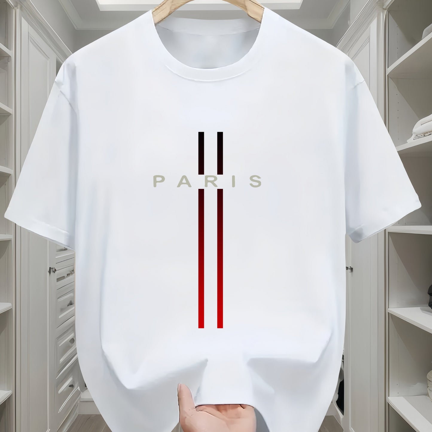 Men's 100% cotton T-shirt featuring Paris flag design, crew neck, short sleeves, and regular fit.