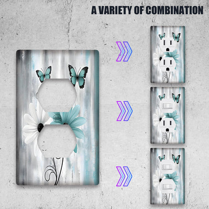 Teal Daisy & Butterfly Light Switch Cover - Farmhouse Style, Easy to Install, 1 or 2 Gang options for Kitchen and Home Decor