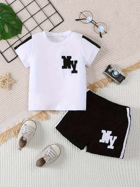 Stylish Black & White Letter Print Outfit for Boys - Polyester T-Shirt & Shorts Set, Machine Washable - Ideal for Spring/Summer, Movement Style, Traditional Version, Outdoor Ready.