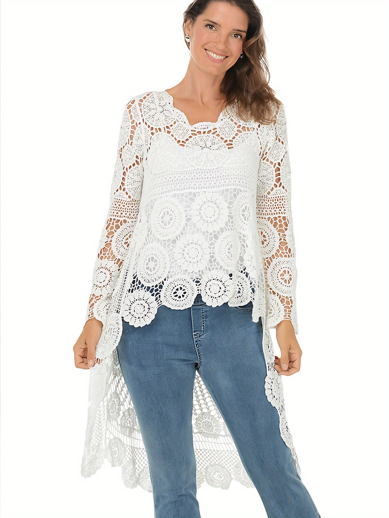 Women's Elegant Crochet Floral Cover-Up with Bohemian Style, Long Sleeve, Round Neck, High-Low Hem Beach Tunic for Swimwear and Resort Wear.