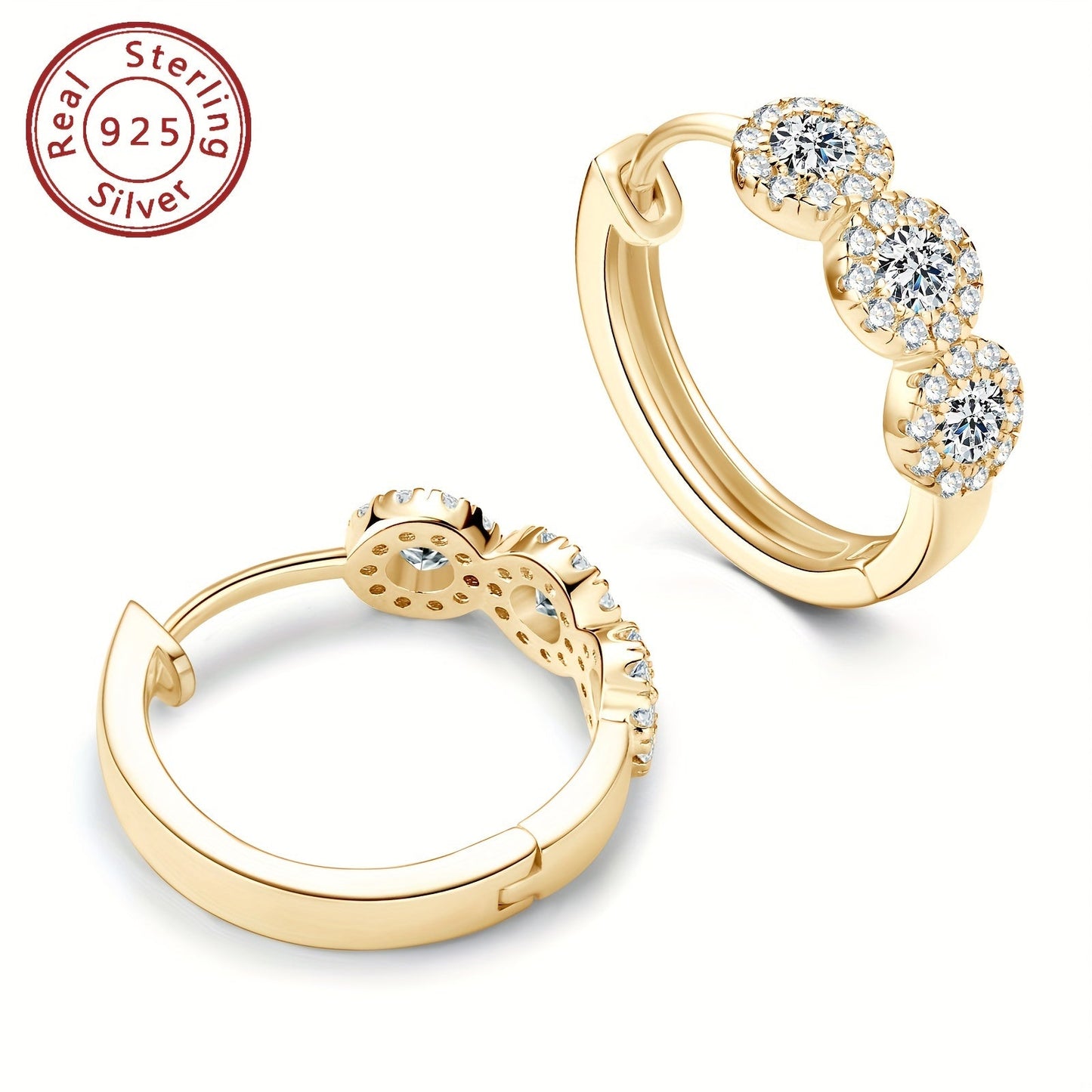 Elegant Classic Hoop Earrings featuring 925 Sterling Silver and 2.7mm Round Moissanite Stones, 14K Golden Plated. With 0.42ct Total Synthetic Moissanite and Zirconia Accents, these earrings are perfect for Women's Daily Wear and Special Occasions like